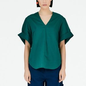 Tibi Cotton Linen Sateen V-Neck Top in Carson Green